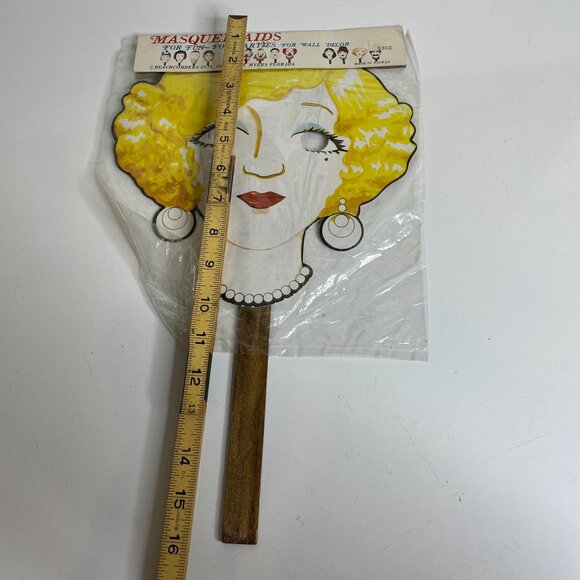Vintage 1979 MasquerAids Blonde Flapper Face Mask Wooden Stick Beachcombers Intl - Picture 5 of 6